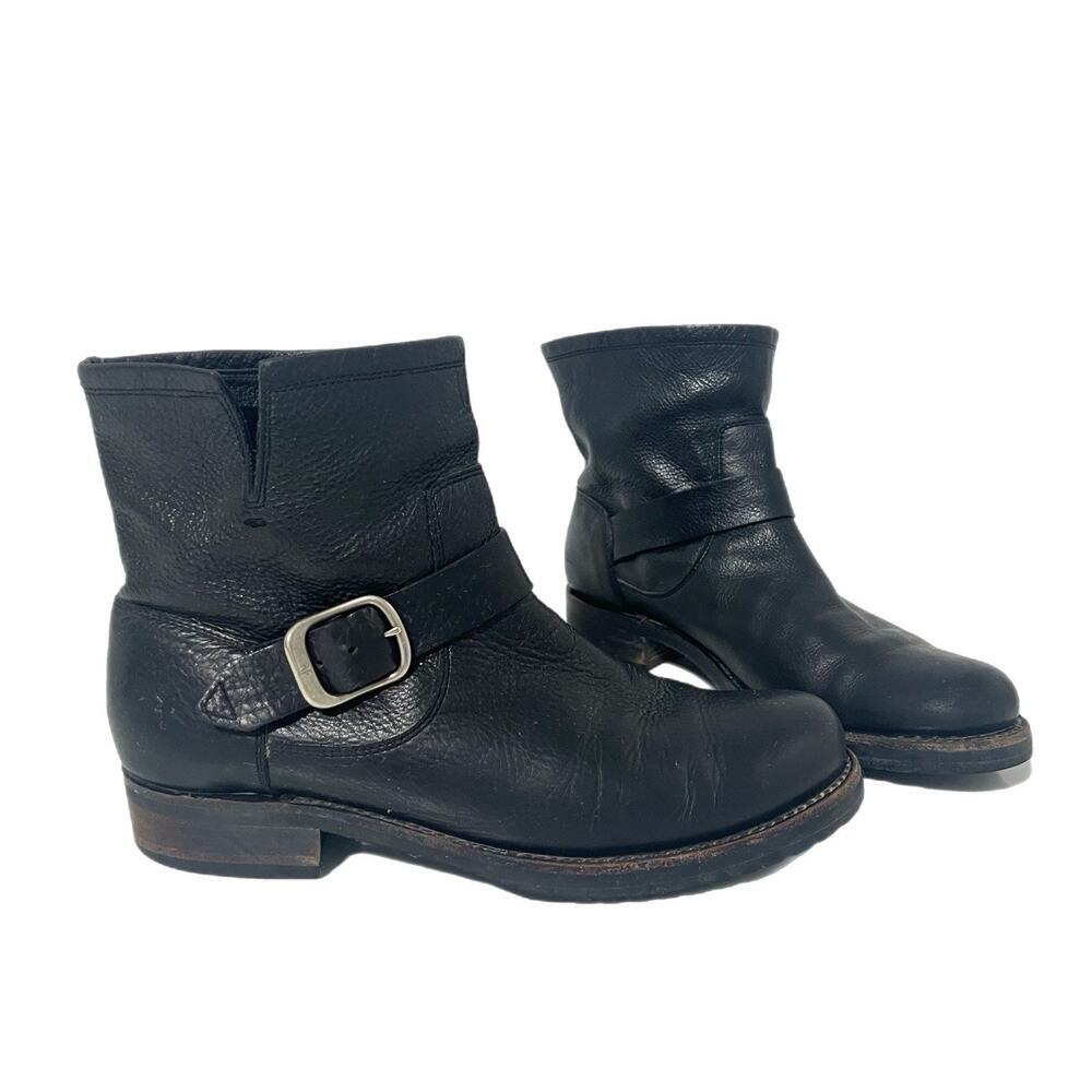 Frye Veronica Size 9.5 Women's Leather Moto Boot Black Buckle Strap Biker